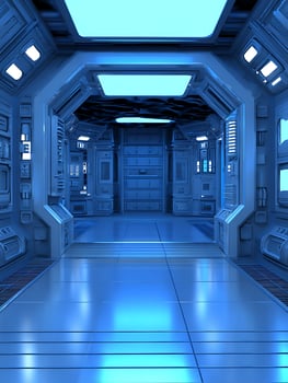 Futuristic Spaceship Corridor A 3D Render of a Sleek, Blue Interior. photo