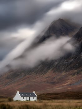 Secluded Highland Cottage Beneath a Dramatic, Misty Mountain. photo