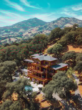 Luxurious Mountaintop Estate Home with Stunning Views and Pool. Aerial Photography of a Modern Architectural Design. photo