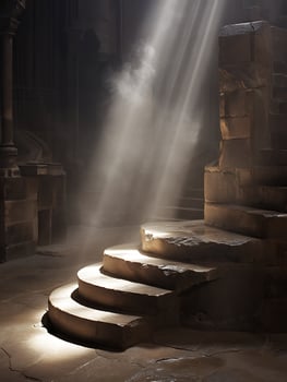 Stone Steps Illuminated by Light Beams in an Ancient Structure. photo
