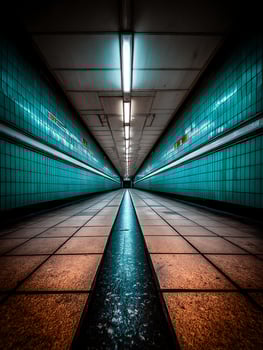 Illuminated Subway Tunnel A Perspective of Teal Tiles and Warm Lighting. photo