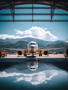 Airplane Reflected in Paved Surface at Airport Hangar with Mountain View. photo