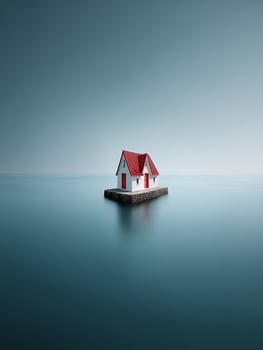 Solitary House on a Calm Sea A Minimalist Seascape Image. photo