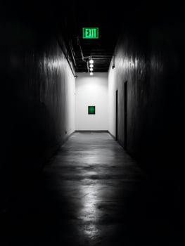 Dark Hallway with Glowing Exit Sign. A long exposure shot of a dimly lit corridor leading to an exit. photo