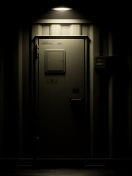 A Single Lit Door on a Dark Cargo Container at Night. photo