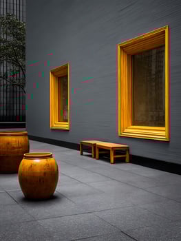 Modern Architectural Detail Gray Wall with Yellow Windows, Wooden Benches, and Decorative Vessels. photo