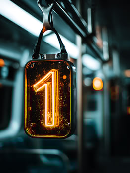 Illuminated Number One Sign Hanging on Public Transport. A close up image of an orange glowing number one sign hanging from the ceiling of a subway car. photo