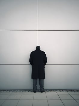 Man in Overcoat Facing a Blank Wall, Rear View. A contemplative image illustrating isolation, anonymity, or contemplation. photo