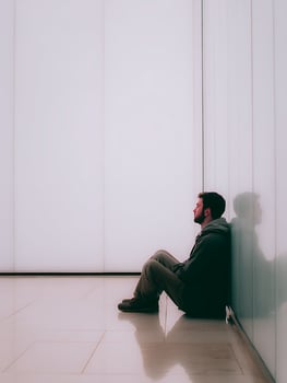 A Young Man Sits Alone in a Modern Room, Contemplating. photo