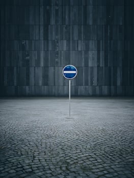 No Entry Sign on Cobblestone Street in Front of a Modern Building. A minimalist urban scene. photo