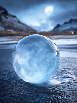 Frozen Bubble on Icy Surface with Mountain Background. A stunning close up of a perfectly formed ice sphere resting on a frozen lake, with a dramatic mountain range in the distance. photo