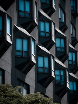 Abstract Architectural Facade Geometric Building with Teal Windows. photo