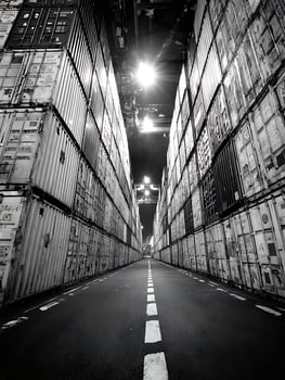 A monochrome perspective down a long road flanked by towering shipping containers at night. photo