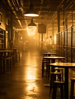 Empty Industrial Bar Interior with Warm Lighting and Metal Stools. A long shot of a dimly lit bar area featuring metal tables and stools. photo