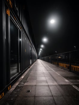 Nighttime Pathway beside a Row of Dark Shipping Containers. photo