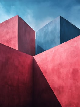 Abstract Architectural Composition Red and Blue Geometric Shapes Against a Sky. photo