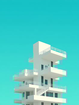 Modern White Building with Multiple Balconies Against a Vibrant Teal Sky. photo