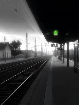 Monochrome Train Station Platform A Tranquil Scene of Railway Tracks and Platform. photo