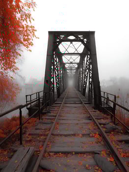 Autumnal Railroad Bridge in Fog A Serene and Ethereal Landscape. photo