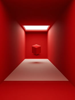 Abstract Red Room with Floating Cube Minimalist 3D Rendering. photo