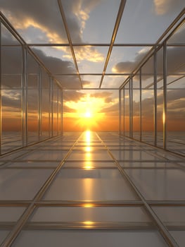 Glass Structure at Sunset A Modern Architectural Rendering. photo