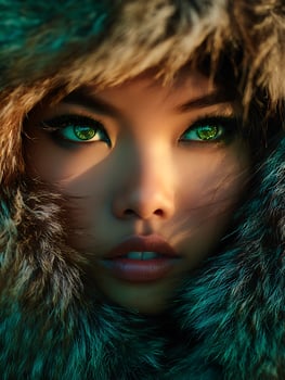 Close up portrait of a woman with striking green eyes, framed by a luxurious fur hood. photo