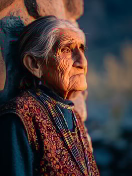 Portrait of an Elderly Indigenous Woman at Sunset. Her weathered face and traditional attire tell a story of resilience and cultural heritage. photo