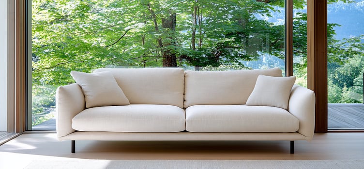 Modern sofa in home, near window, green view photo