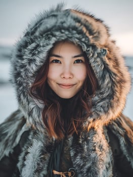 Close Up Portrait of a Woman in a Fur Hooded Coat in Winter. A beautiful young woman smiles warmly while wearing a thick, cozy fur garment. photo
