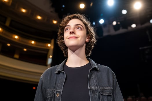 Teenager on stage, theater, lights, hopeful, performance photo