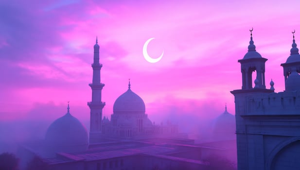 Mosque sunrise, crescent moon, fog, peaceful photo