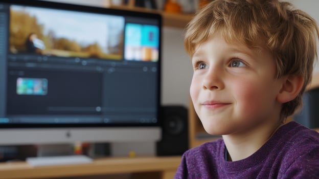 Boy watches editing, home office photo