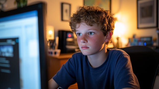 Boy using computer, home office, night photo
