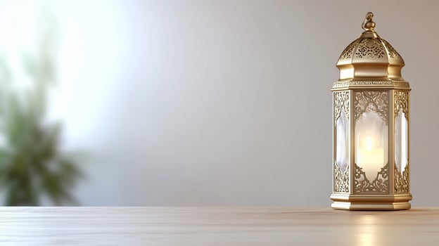 Ramadan lantern, lit candle, wooden table, blurred background, greeting card photo