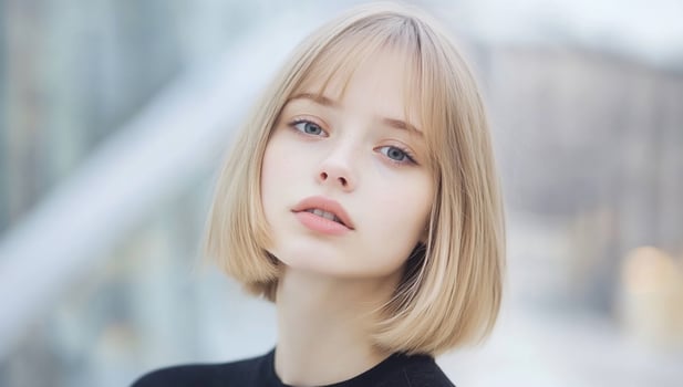 Blonde woman bob haircut city background portrait photo