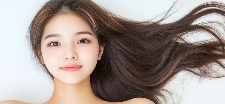 Womans long hair, beauty, skincare, white background photo