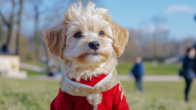 Fluffy dog in red coat, park, sunny day photo