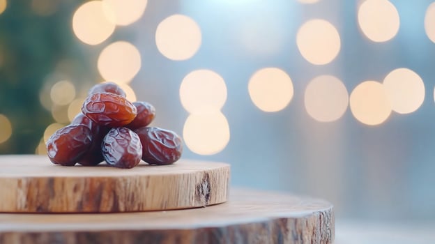 Dates on wood, festive lights background. Holiday food photo
