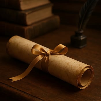 An old scroll with a golden ribbon and a feather photo