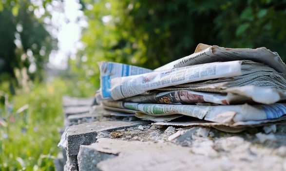 Discarded newspapers on wall, park background photo