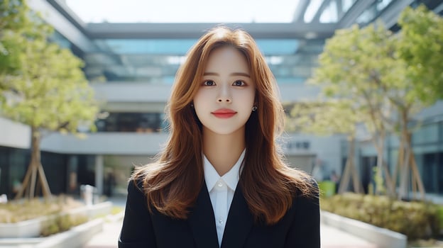 Confident woman, office building, sunny day, career photo