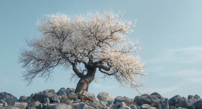 Blossoming tree on rocky landscape photo