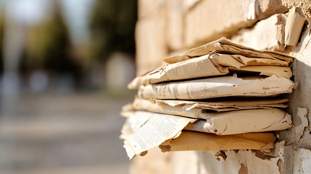 Old newspapers stacked on brick wall, outdoors, blurred background photo