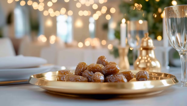 Dates on gold plate, festive dinner setting photo
