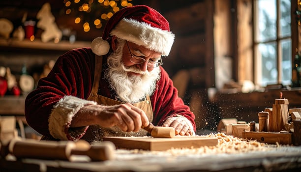 Santa Claus enjoys working on wood carving in workshop, expressing joy and contentment with craftsmanship photo
