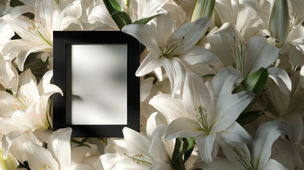 A black frame surrounded by white lilies photo