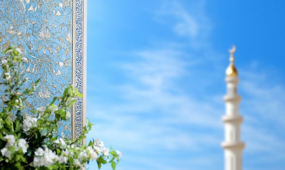 Mosque Minaret, Floral Detail, Sunny Day, Background, Islamic photo