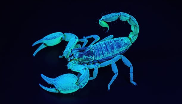 This features glowing scorpion and centipede illuminated under ultraviolet light, showcasing vibrant blue and green colors against dark background, creating striking and mysterious visual effect photo