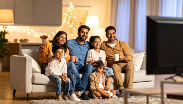 Happy multigenerational family gathers on sofa in cozy living room, watching television together with smiles and relaxed expressions, enjoying warm and festive atmosphere photo