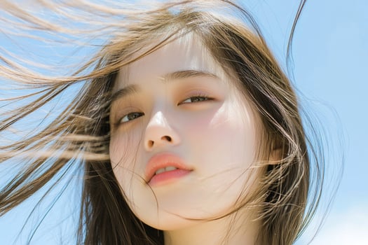 Woman, hair blowing, sunny day, sky background, beauty portrait photo